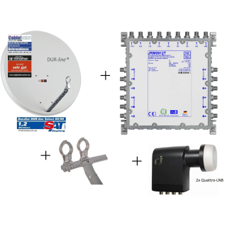 Astra/ Hotbird Satanlage f&uuml;r 12 Teilnehmer (Dur-Line 85/90 Select Antenne + Dur-Line Multifeedhalterung 2-fach + 2x Polytron Quattro-LNB + Jultec JRM0912T Multischalter 9/12)